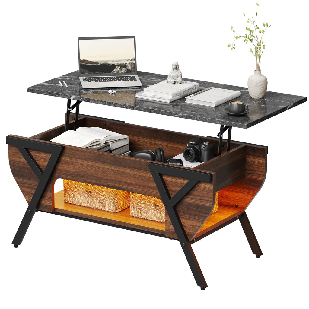 Lift Top Coffee Table with LED Lights and 2-Tier Storage Shelf P160164