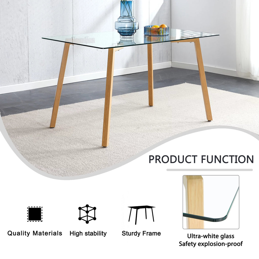 Glass Dining Table Rectangular with Tempered Glass Tabletop and Black Metal Legs O120