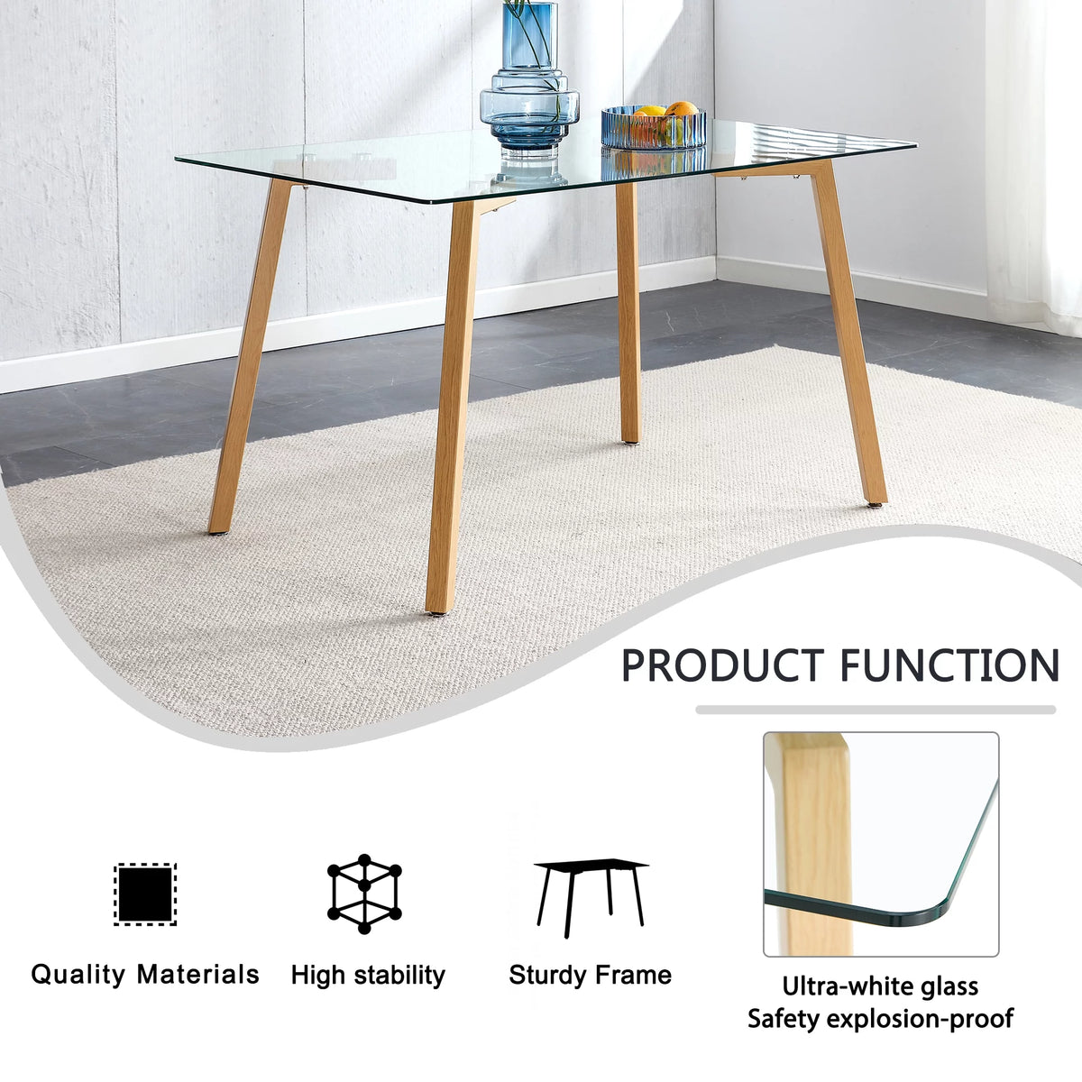 Glass Dining Table Rectangular with Tempered Glass Tabletop and Black Metal Legs O120