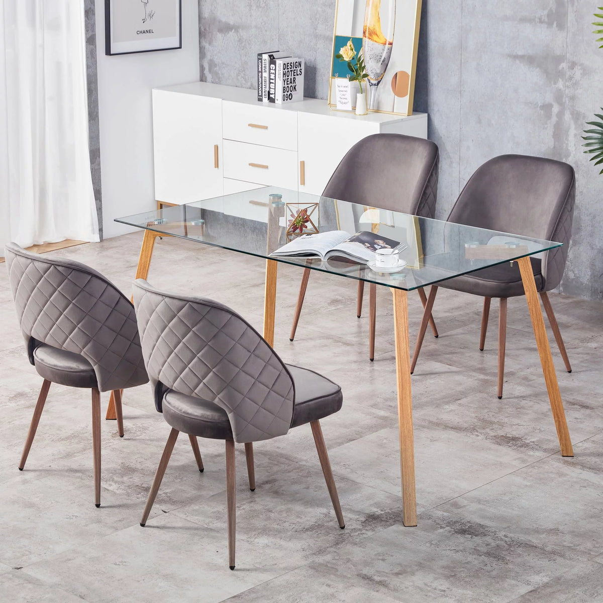 Glass Dining Table Rectangular with Tempered Glass Tabletop and Black Metal Legs O120