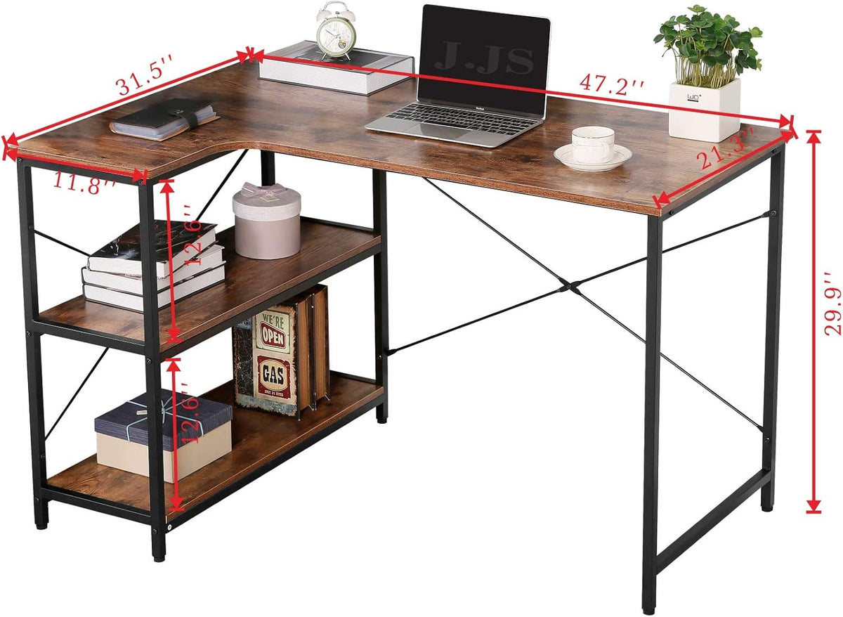 Rustic Brown L-Shaped Corner Computer Desk with Bookcase I750064
