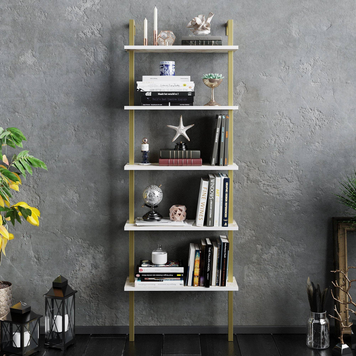 White Metal Wood Accent Ladder Bookcase B126763