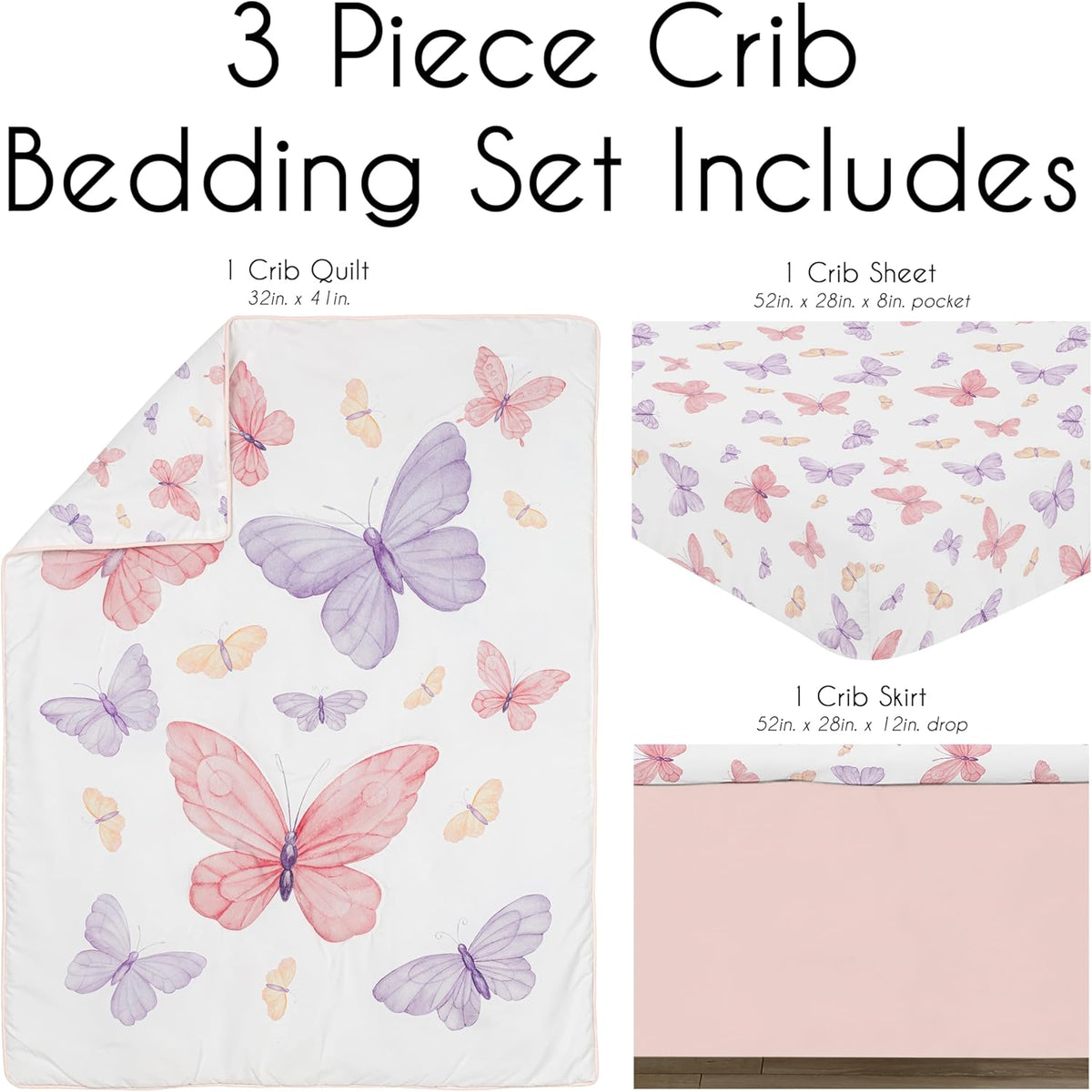 Pink and Purple Shabby Chic Butterfly Girl Baby Crib Bedding Set 3p T872