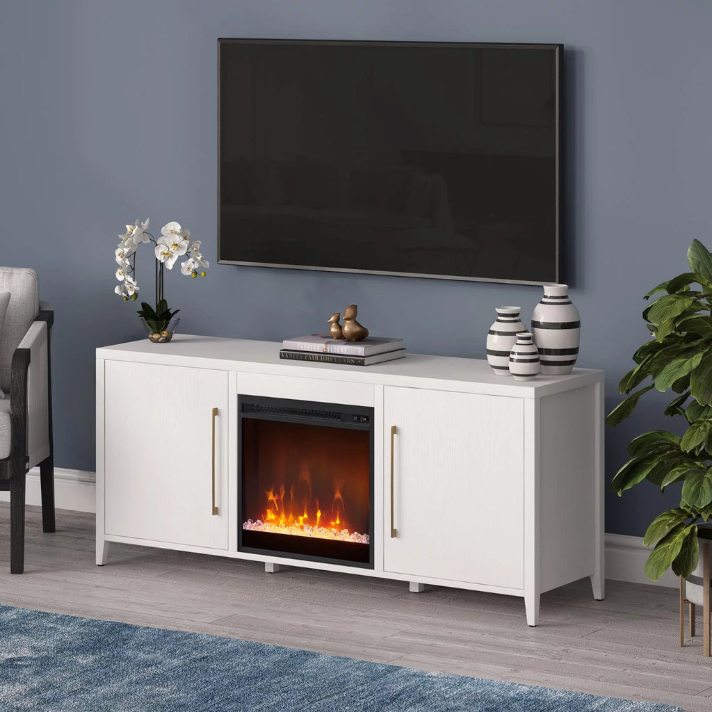 White Rectangular TV Stand with Fireplace U9089