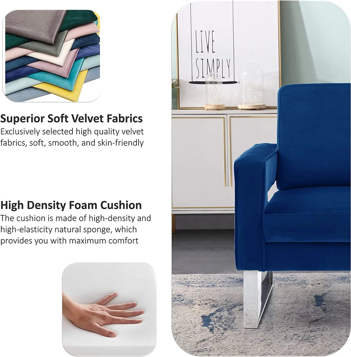 Navy Blue Velvet Upholstered Arm Chair T7386