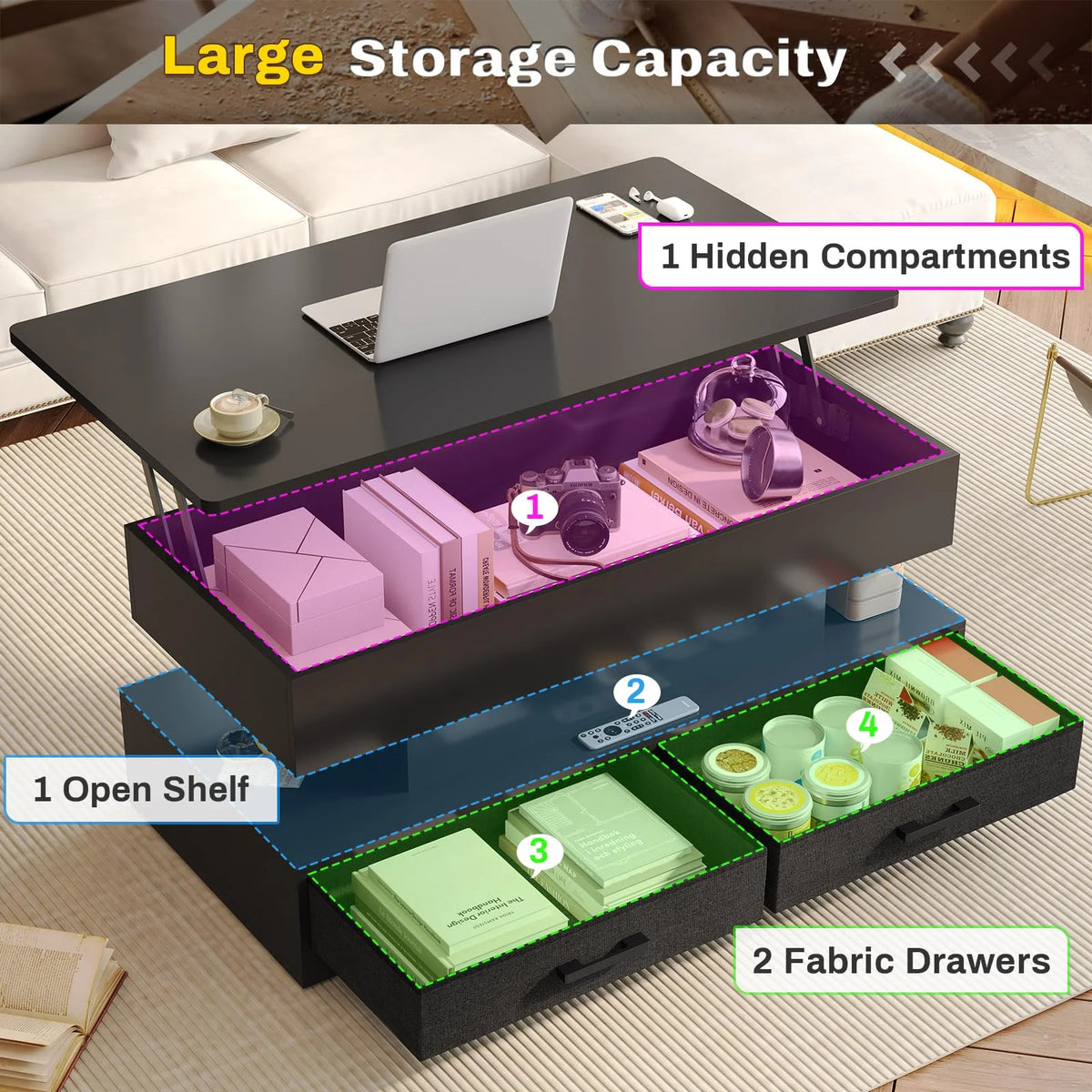 40" Lift Top Coffee Table with Storage and 2 Fabric Drawers N99202