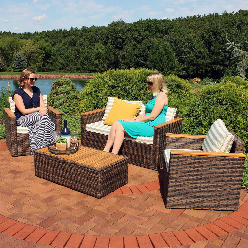 Rattan and Acacia Wood 4pc Patio Conversation Furniture Set with Cushions X2436