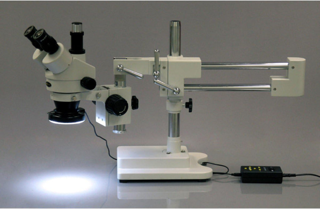 Trinocular Stereo Zoom Microscope, 3.5X-90X Magnification, 0.7X-4.5X Zoom Objective, LED Ring Light, Double-Arm Boom Stand, 0.5X and 2.0X Barlow Lens N975263