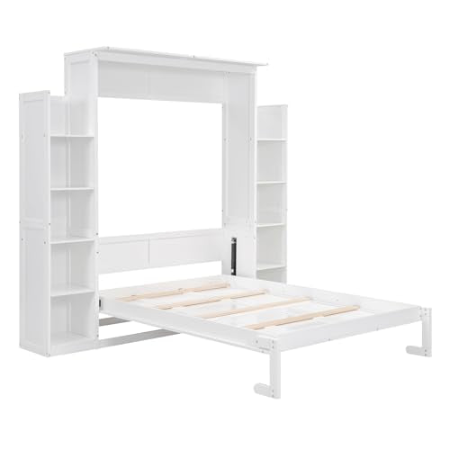 Queen Size Foldable Wood Wall Bed Frame with Shelves and LED Lights S3500