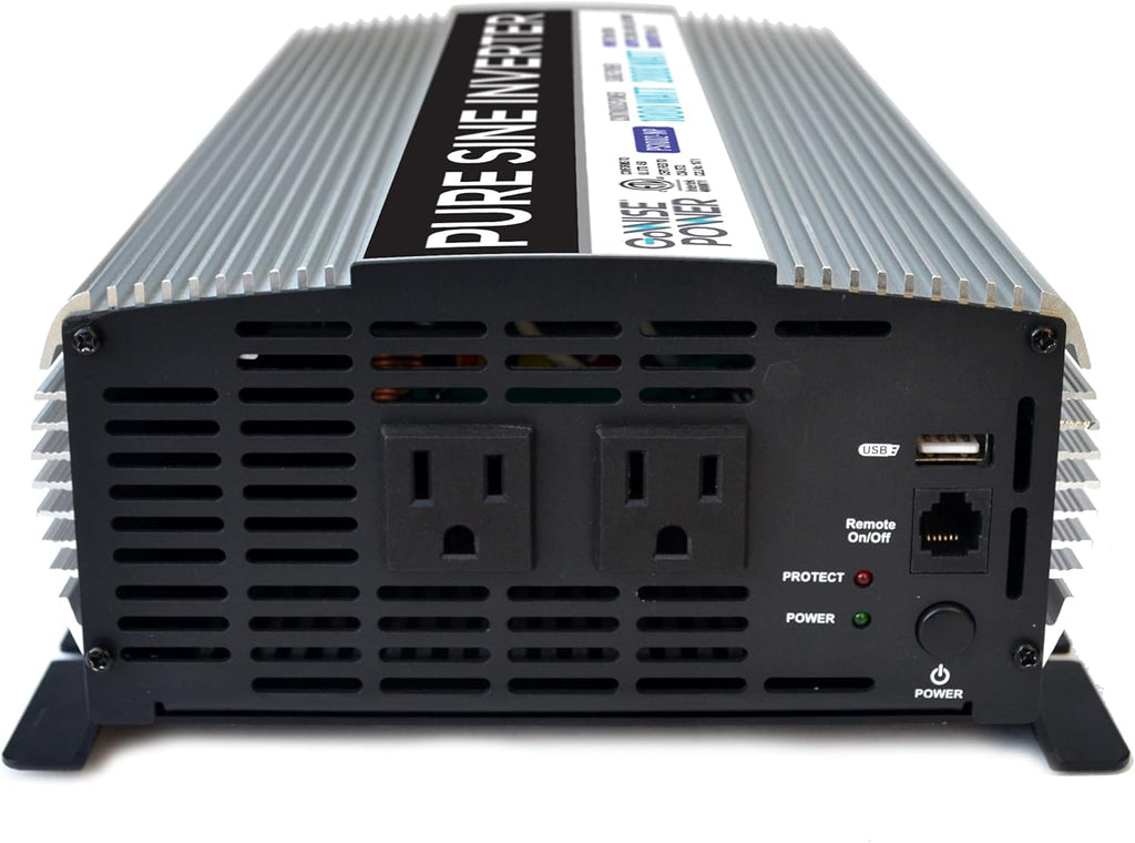 1000W Pure Sine Wave Inverter 12V DC to 120V AC with 2 AC Outlets and USB Port L1114