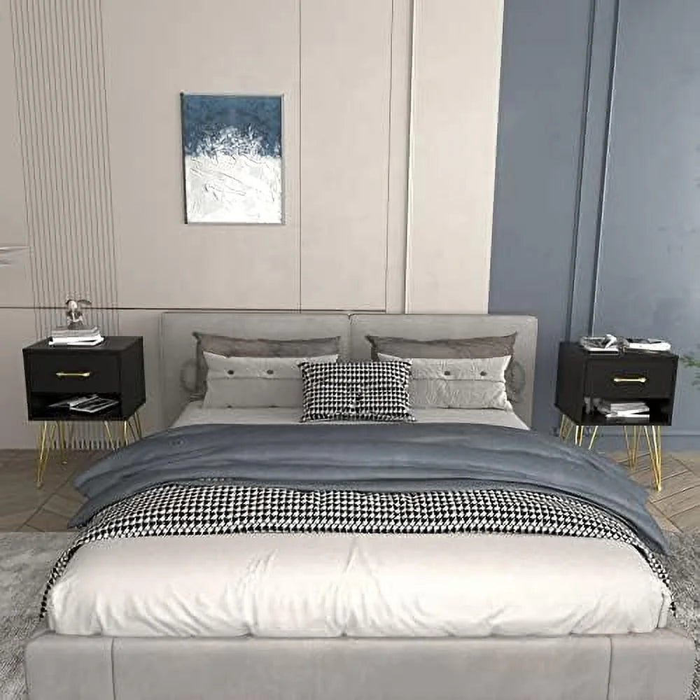 Black Nightstand Set of 2 Wooden End Table with Drawer V270
