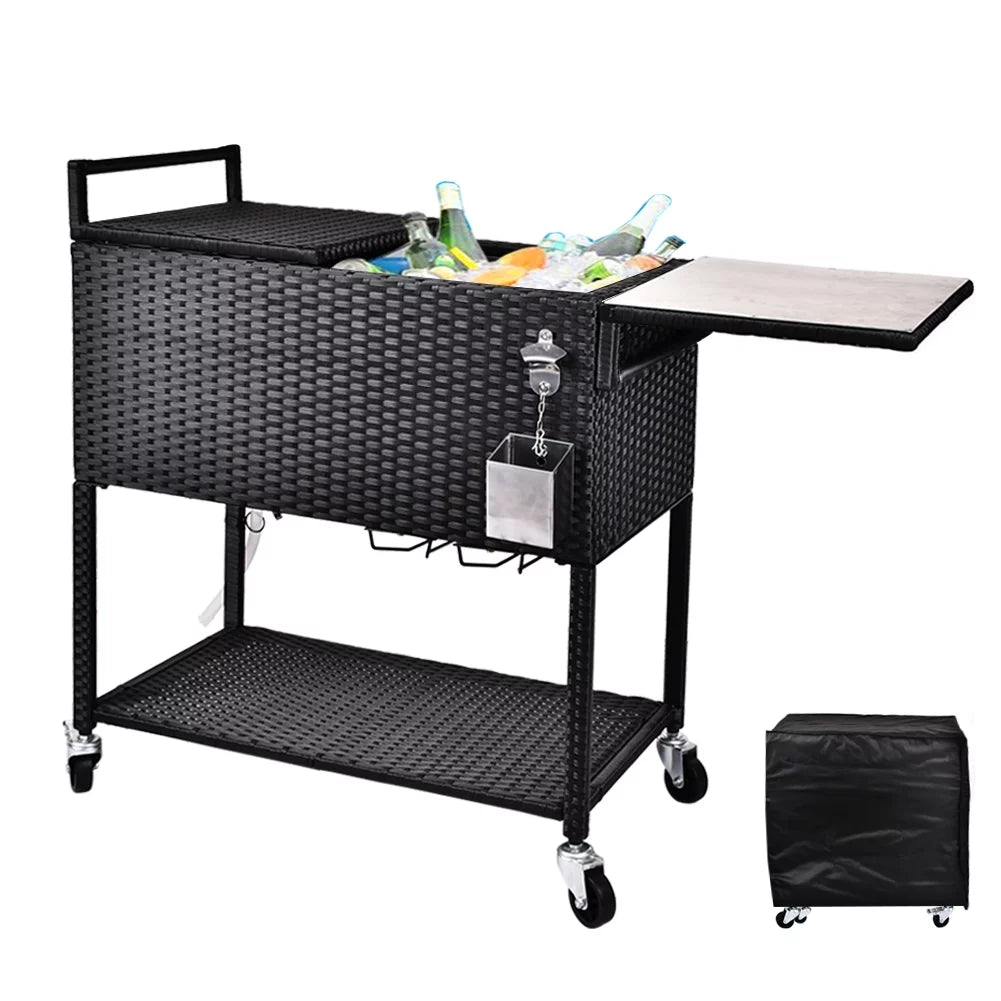 80 Quart Rattan Rolling Cooler Cart W1986