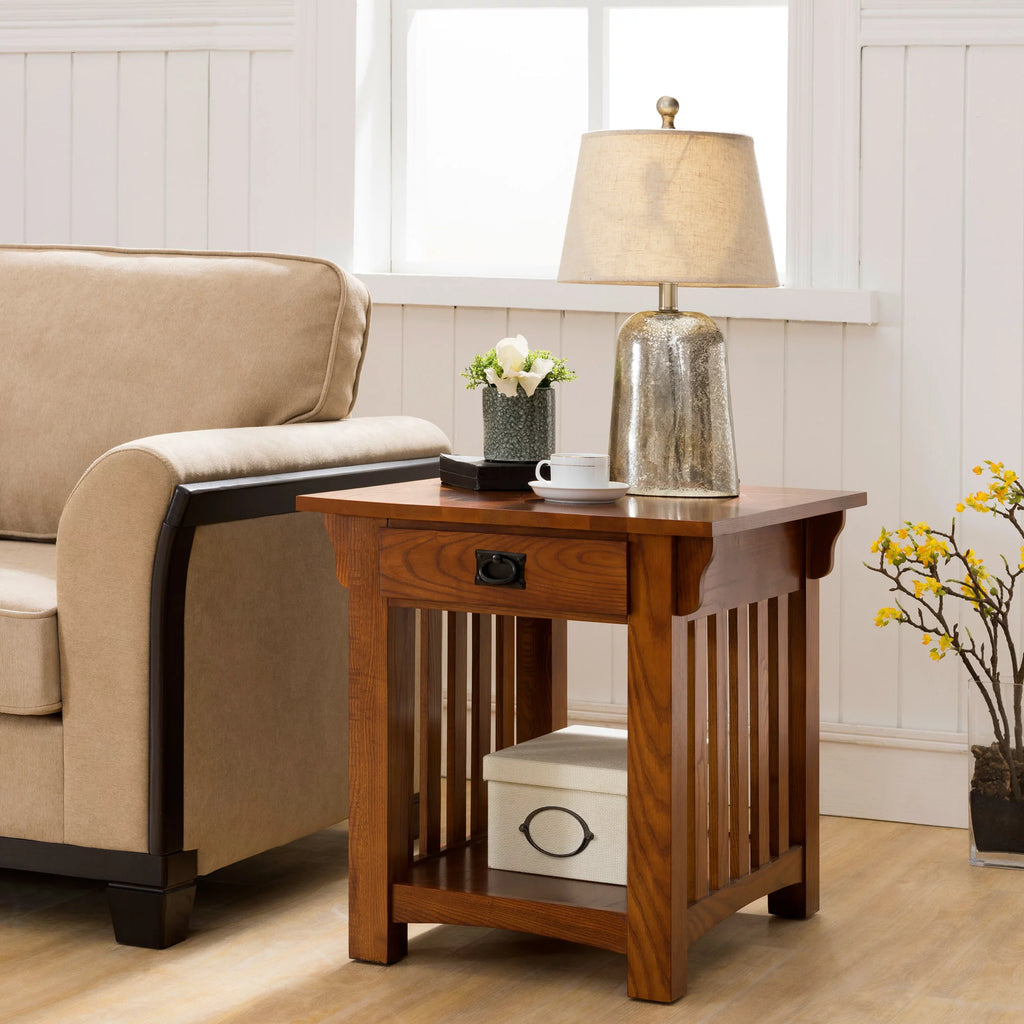 Medium Oak Solid Wood End Table with Drawer D957