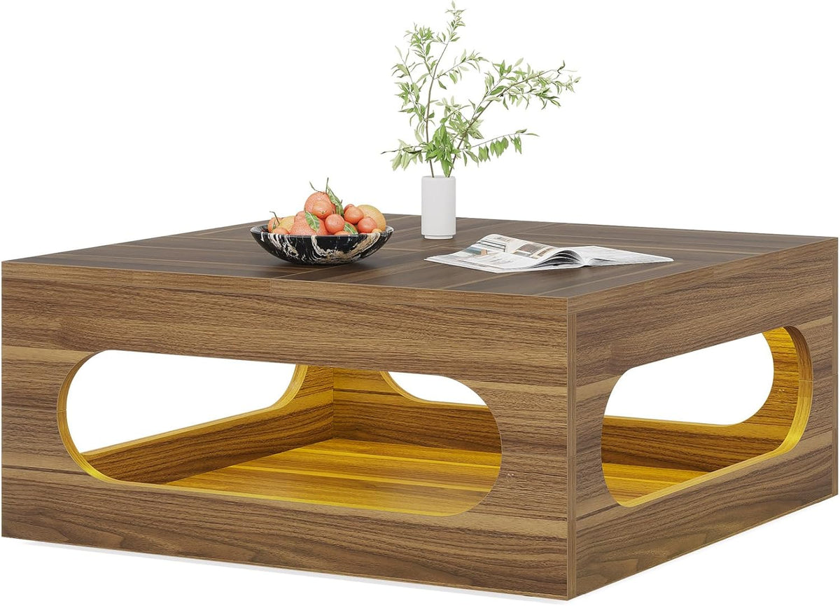 Brown Wood Coffee Table with Storage and LED Light S923594