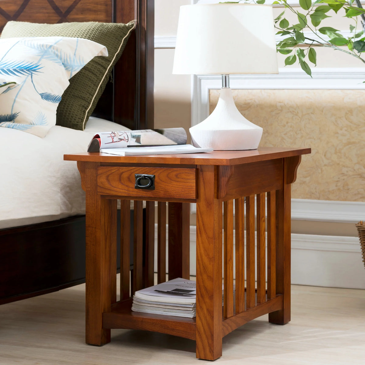 Medium Oak Solid Wood End Table with Drawer D957