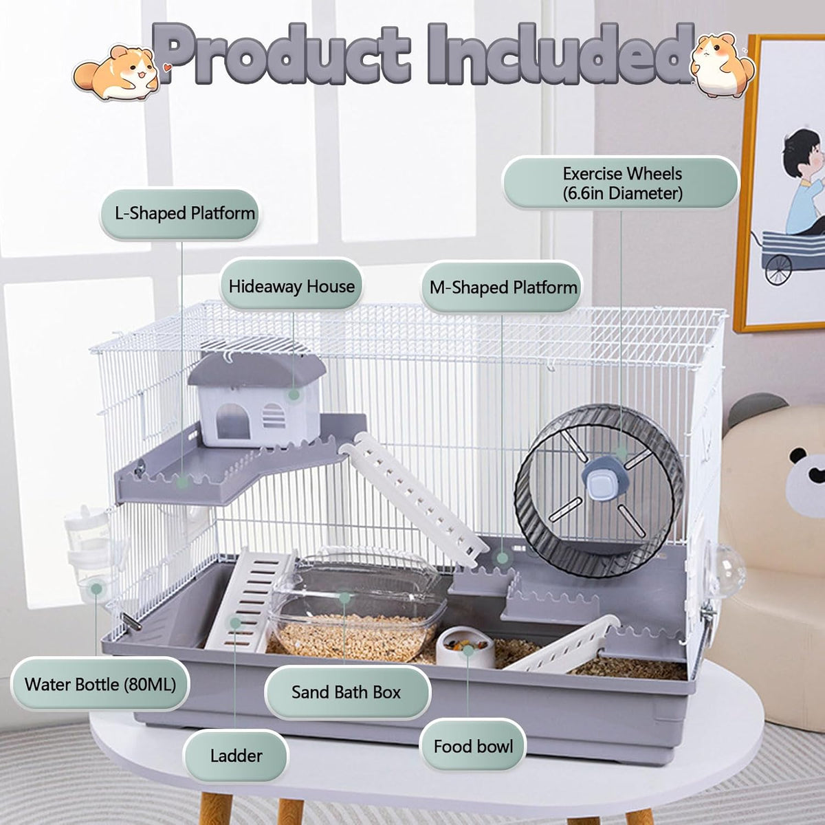 Large 3-Levels Grey Hamster Cage with Accessories J550