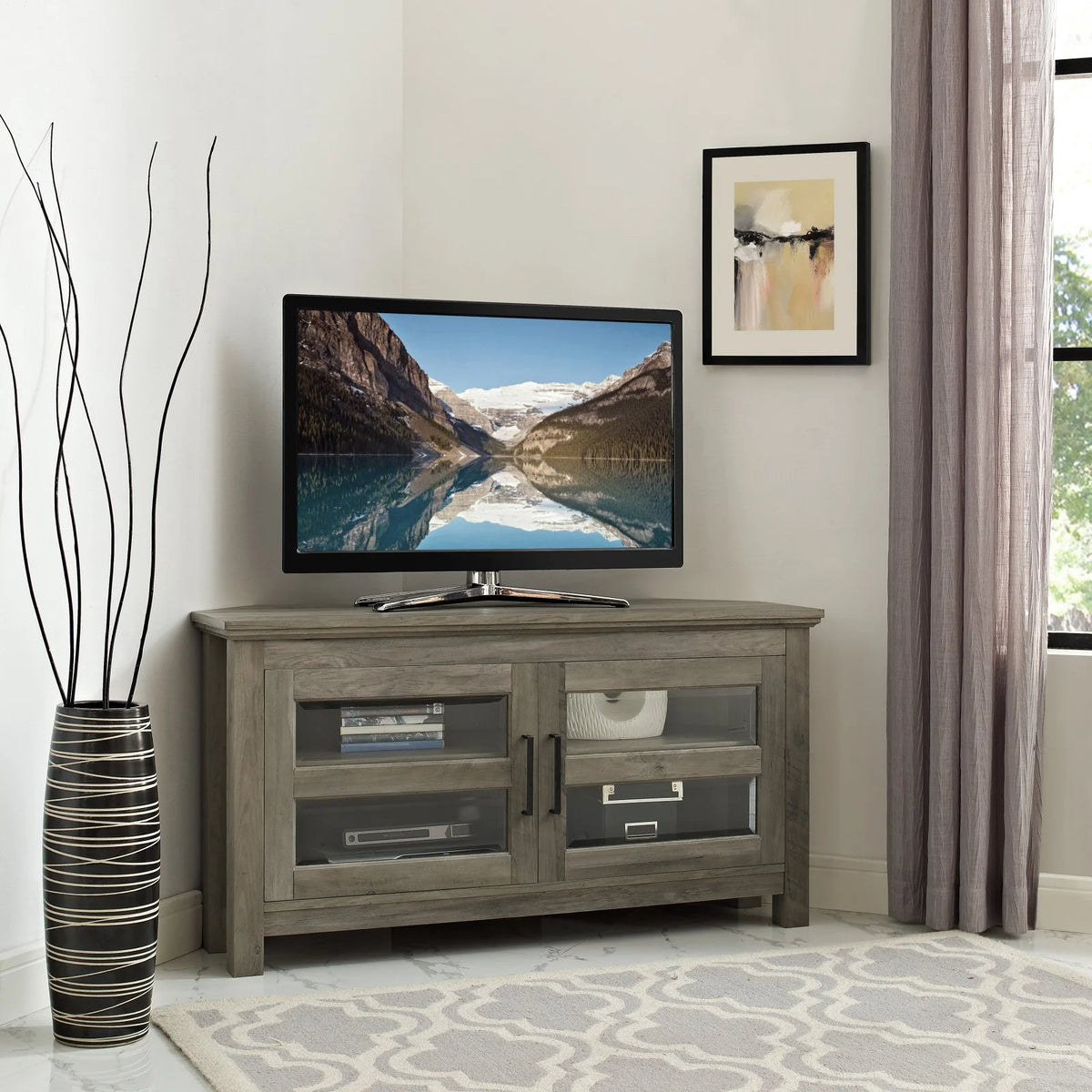 Grey Wash Wood Corner TV Console I679015