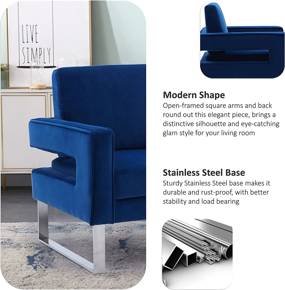 Navy Blue Velvet Upholstered Arm Chair T7386
