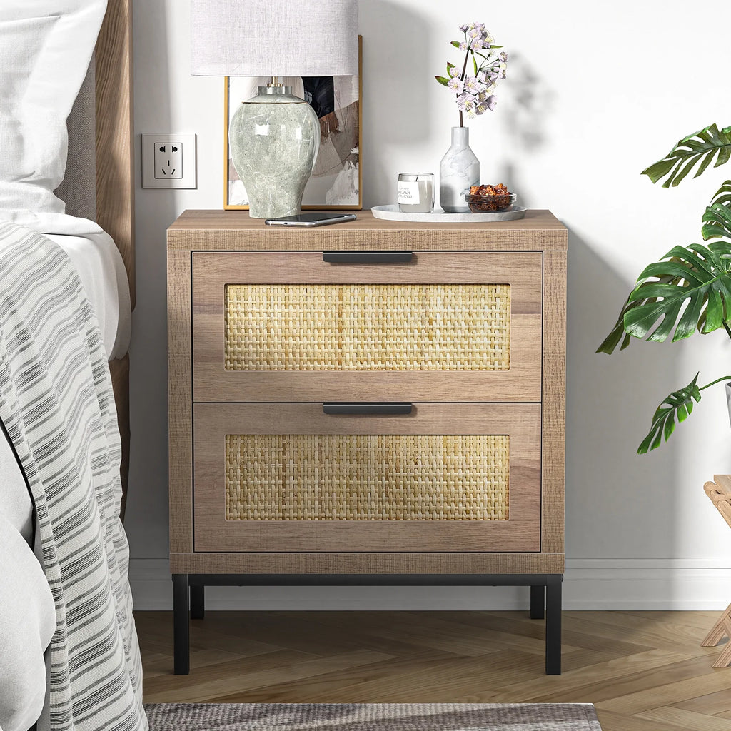 Modern Farmhouse 2 Rattan Drawer Wood Nightstand E959