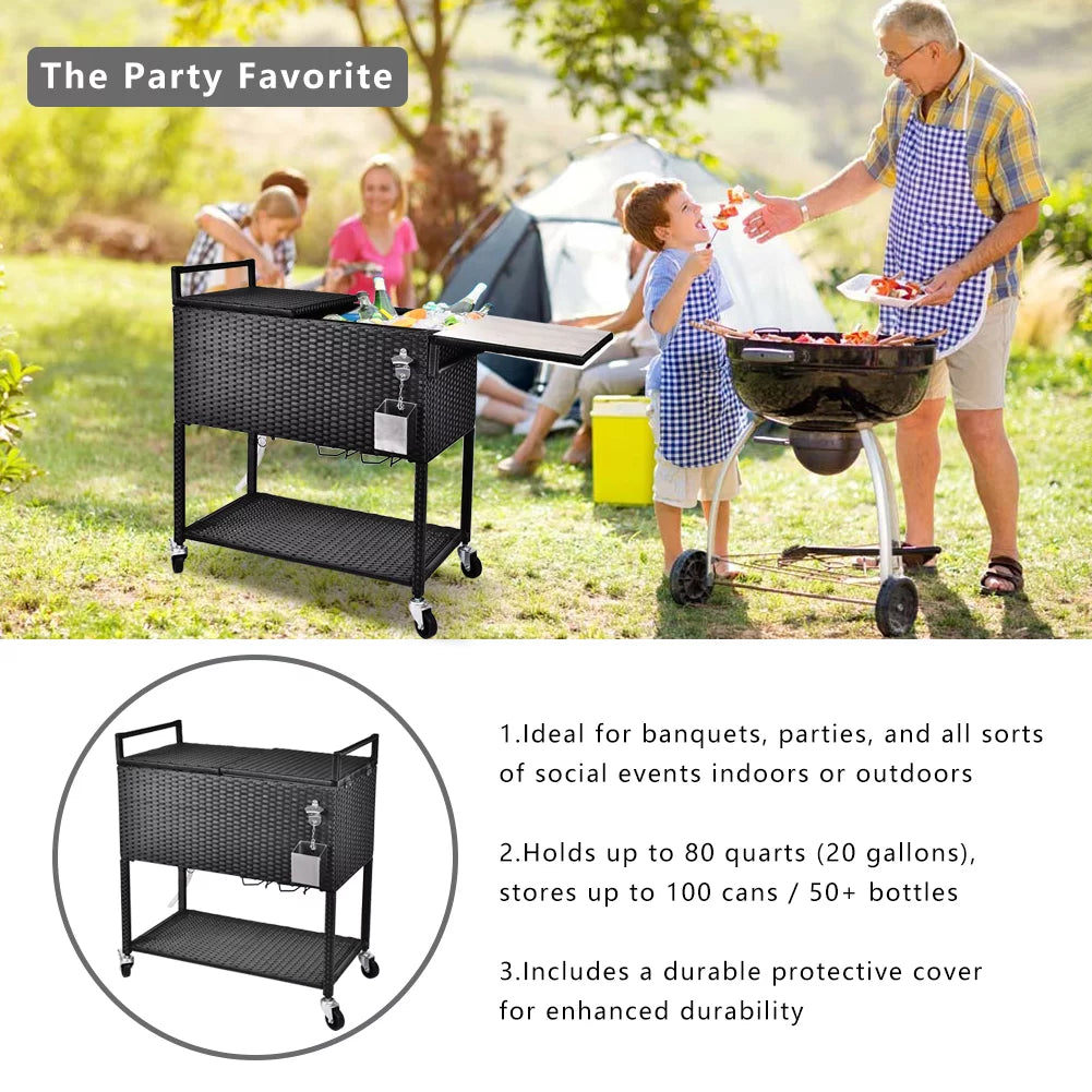 80 Quart Rattan Rolling Cooler Cart W1986