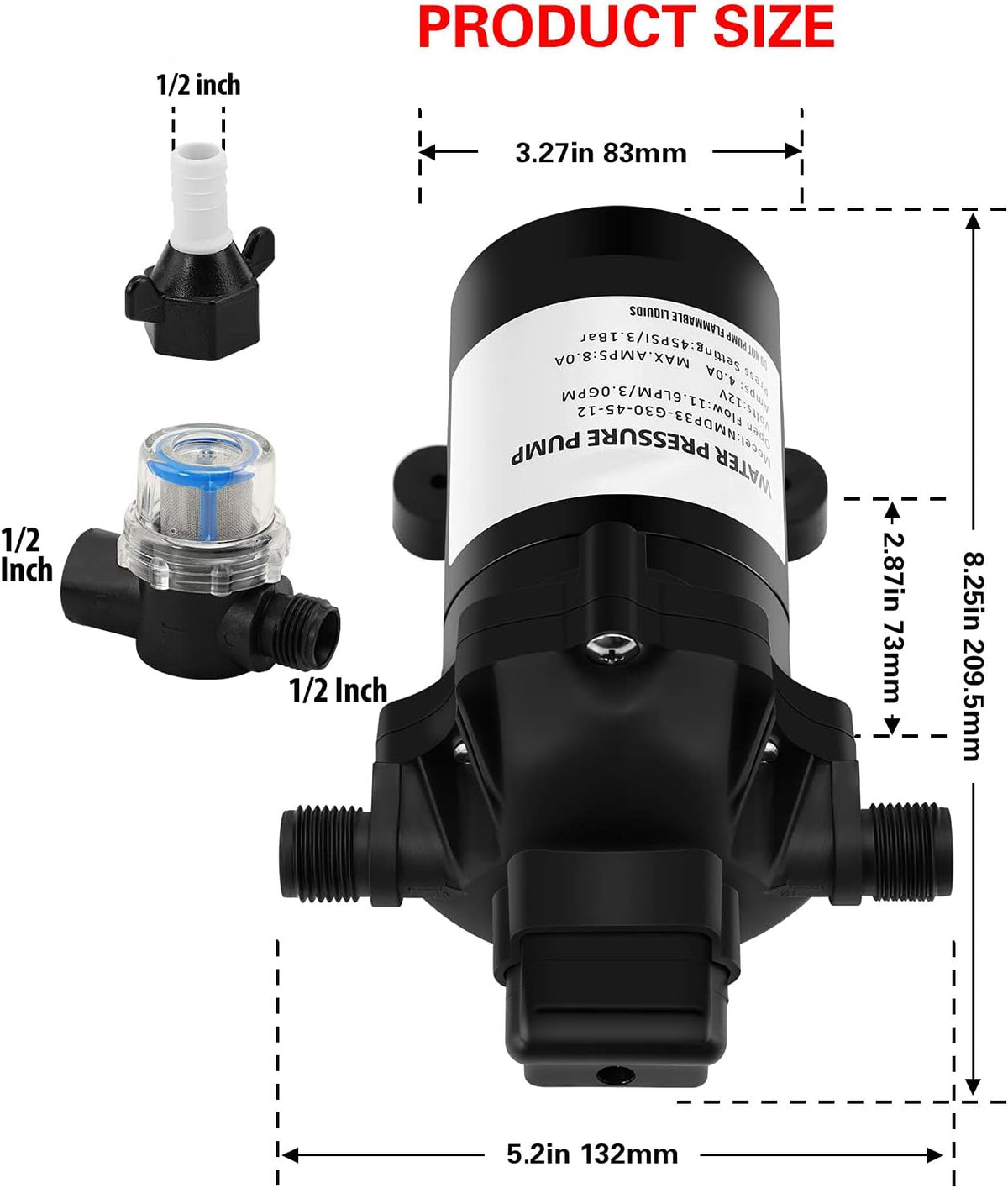 DC 12v 3.0 GPM 45 PSI Fresh Water Pump with Water Filter A673811