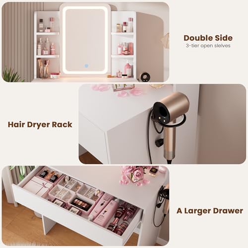 White Small Vanity Desk with Mirror and Lights W804169