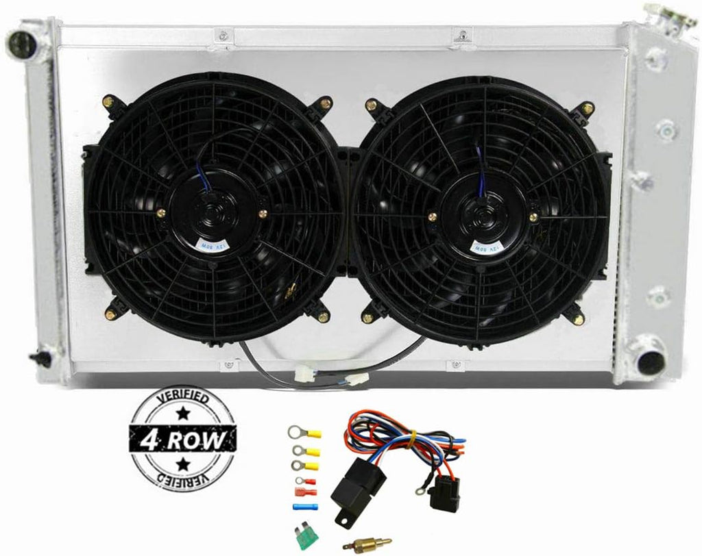 4 Row Aluminum Radiator with 2X12 Fan, Shroud and Thermostat Relay Kit, 34 Overall Width I878684