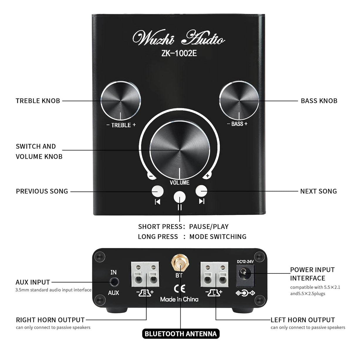 Bluetooth Stereo Audio Amplifier with Treble and Bass Adjustment D77085