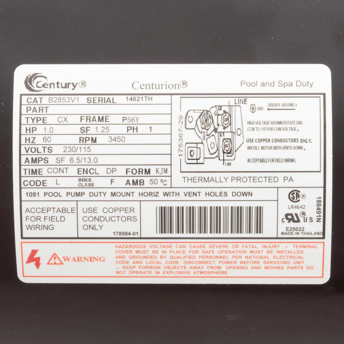 1.0hp 115/230v Pool Pump Motor U780