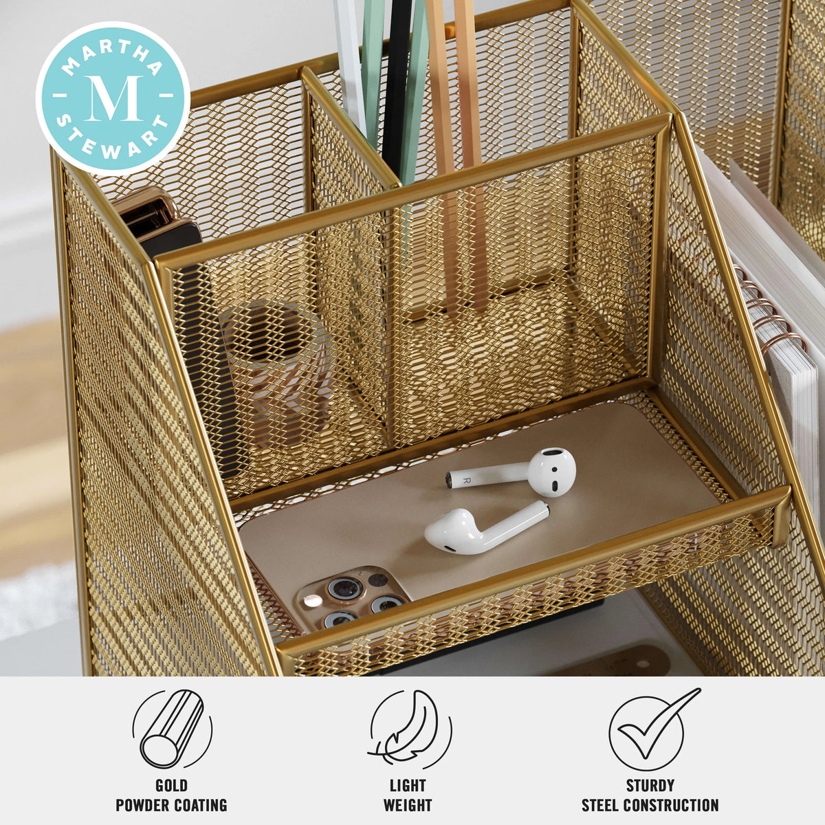 Gold Mesh Metal Desktop Organizer with Magazine File Holder N5054