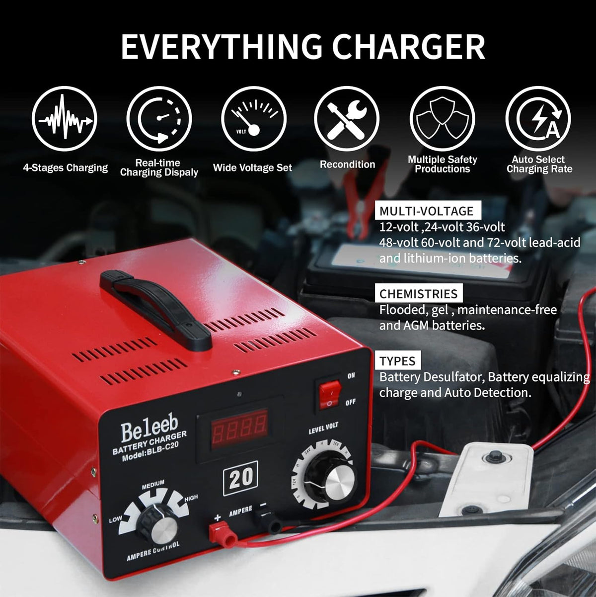 Adjustable Battery Charger 12V 24V 36V 48V with Smart Chip for Lead-Acid Lithium-ion Batteries V3020