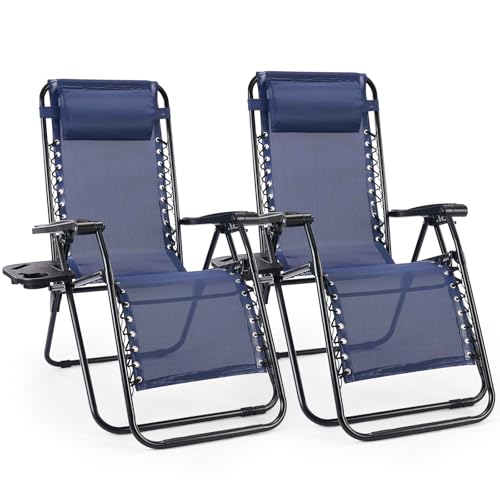 Set of 2 Blue Folding Zero Gravity Lounge Chair with Cup Holder W9041