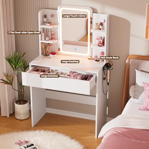 White Small Vanity Desk with Mirror and Lights W804169