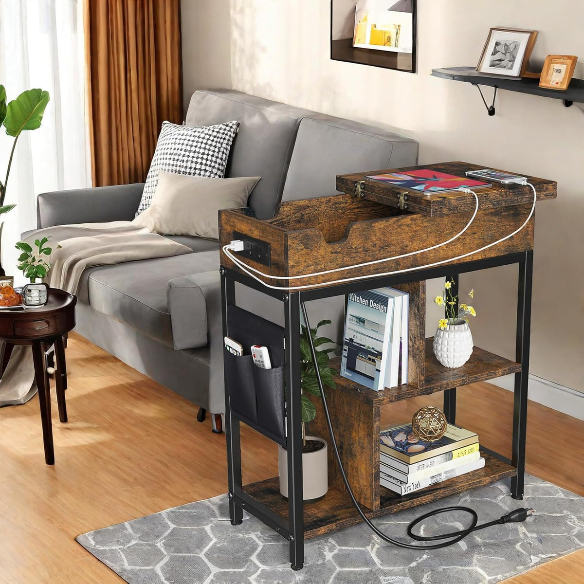 Side Table with Charging Station, Flip Top End Table with USB Ports and Outlets J8219