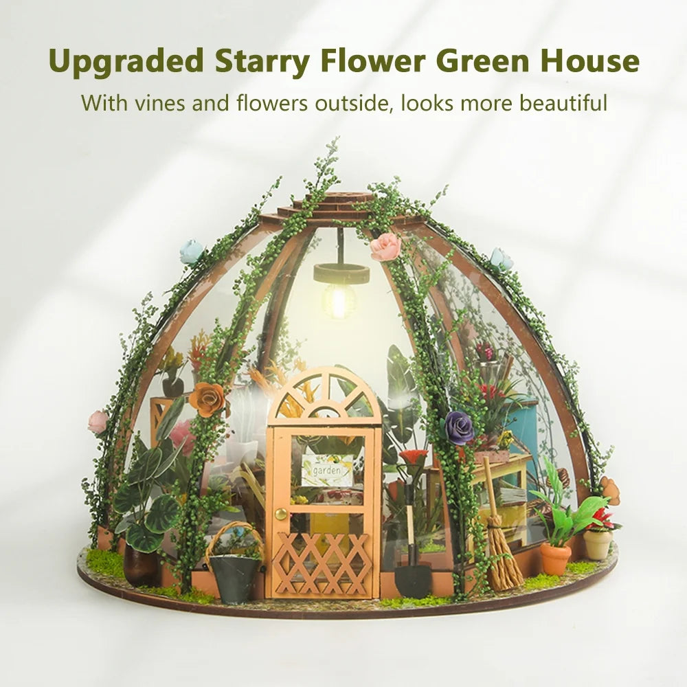 DIY Miniature Dollhouse Kit Wooden Green House LED Light Kids Toy D5166
