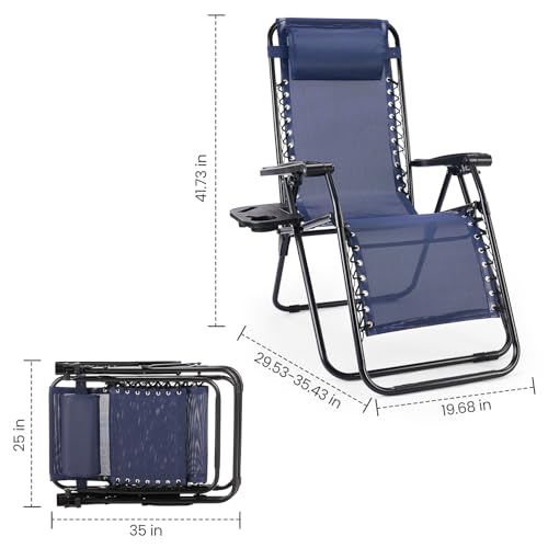 Set of 2 Blue Folding Zero Gravity Lounge Chair with Cup Holder W9041