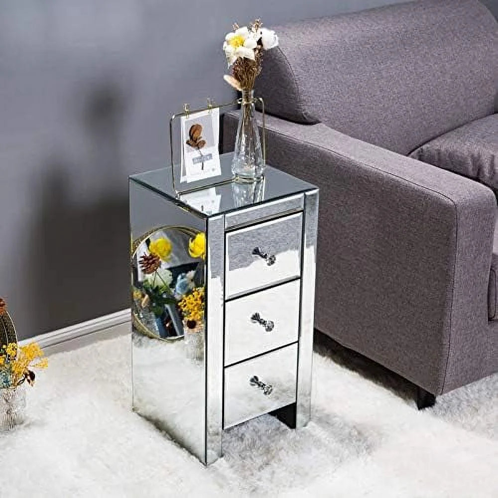 Mirrored Nightstand with 3 Drawers Silver L3469