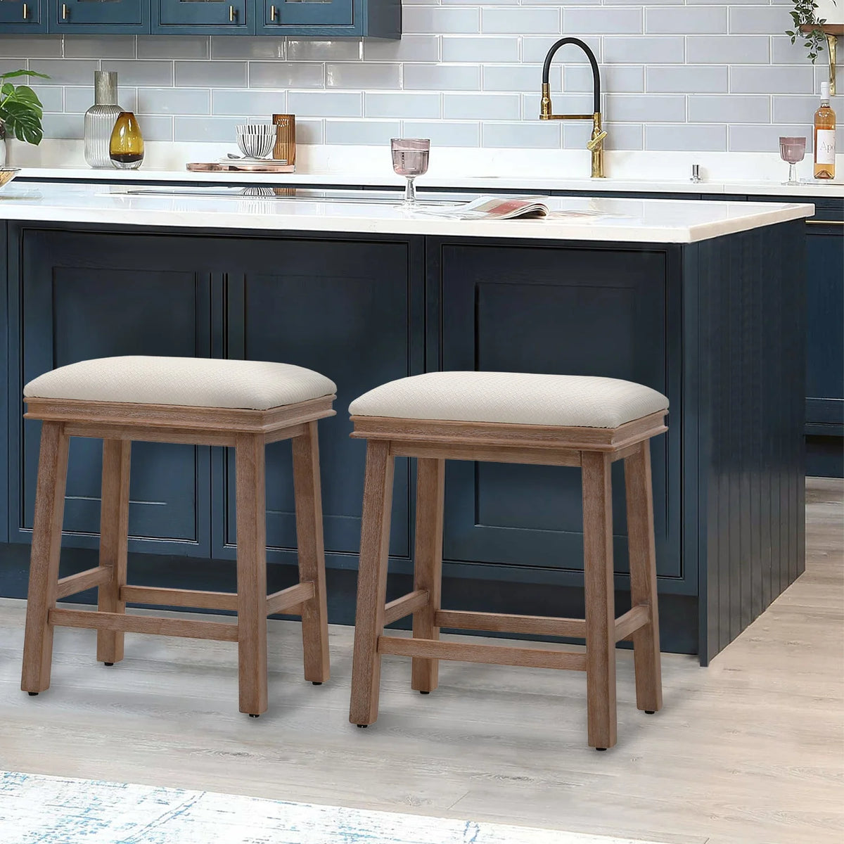 24" White PU Leather Counter Height Bar Stool Set of 2 B723634