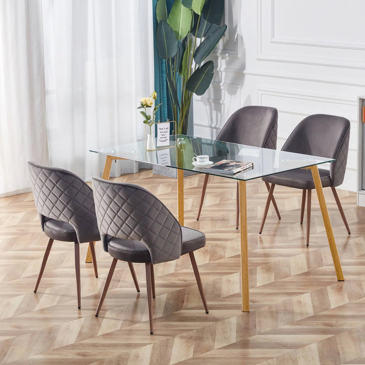 Glass Dining Table Rectangular with Tempered Glass Tabletop and Black Metal Legs O120