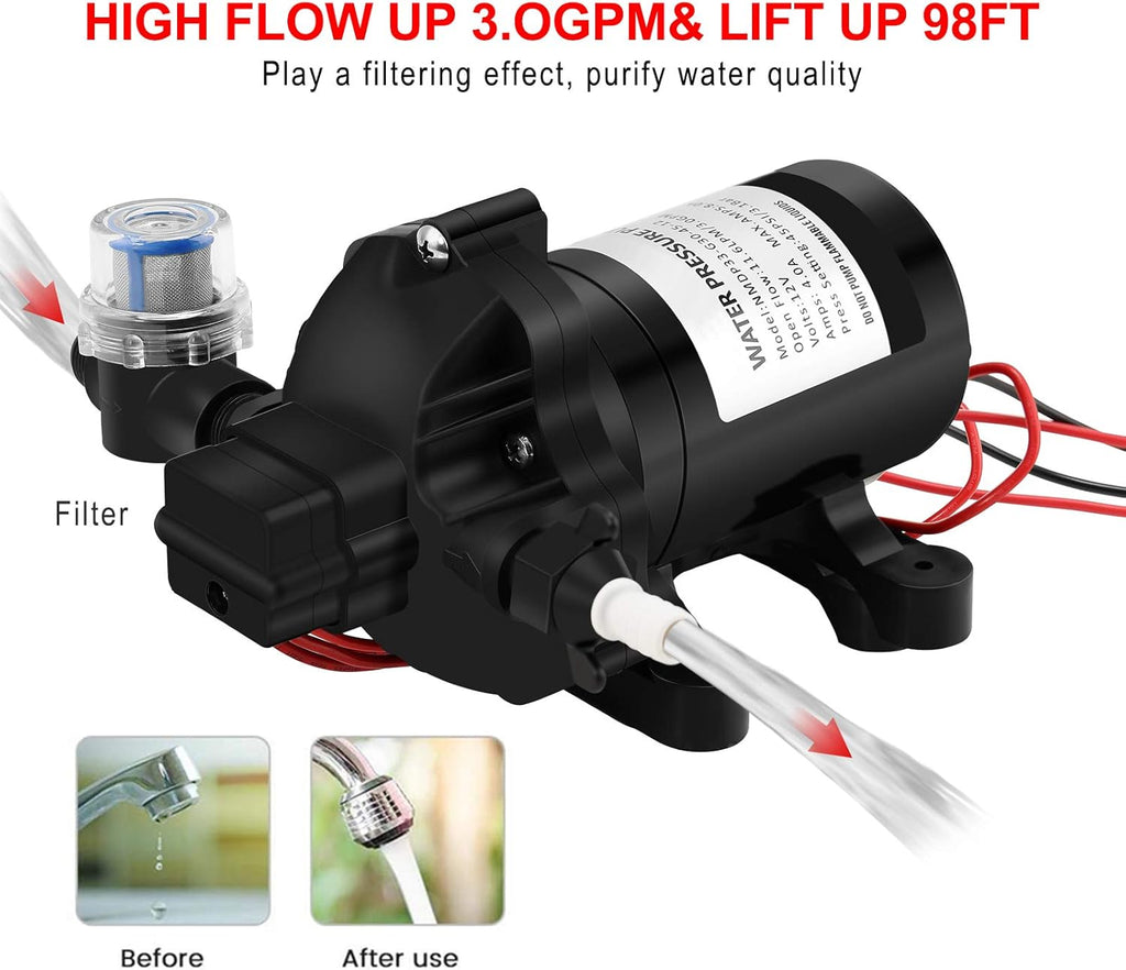 DC 12v 3.0 GPM 45 PSI Fresh Water Pump with Water Filter A673811