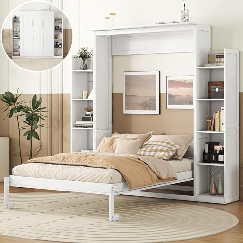 Queen Size Foldable Wood Wall Bed Frame with Shelves and LED Lights S3500