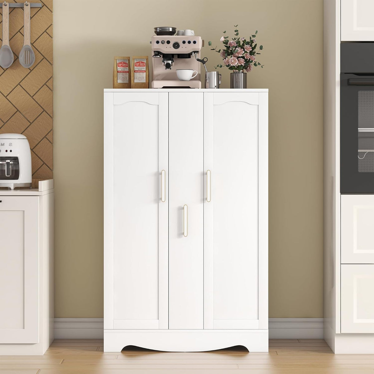 White Kitchen Pantry Cabinet with Drawer and Adjustable Shelves C55768