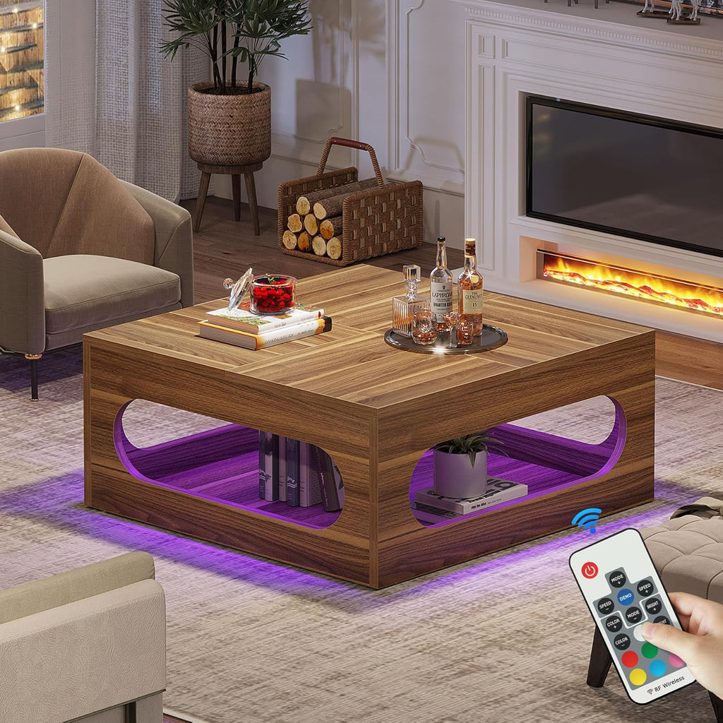 Brown Wood Coffee Table with Storage and LED Light S923594