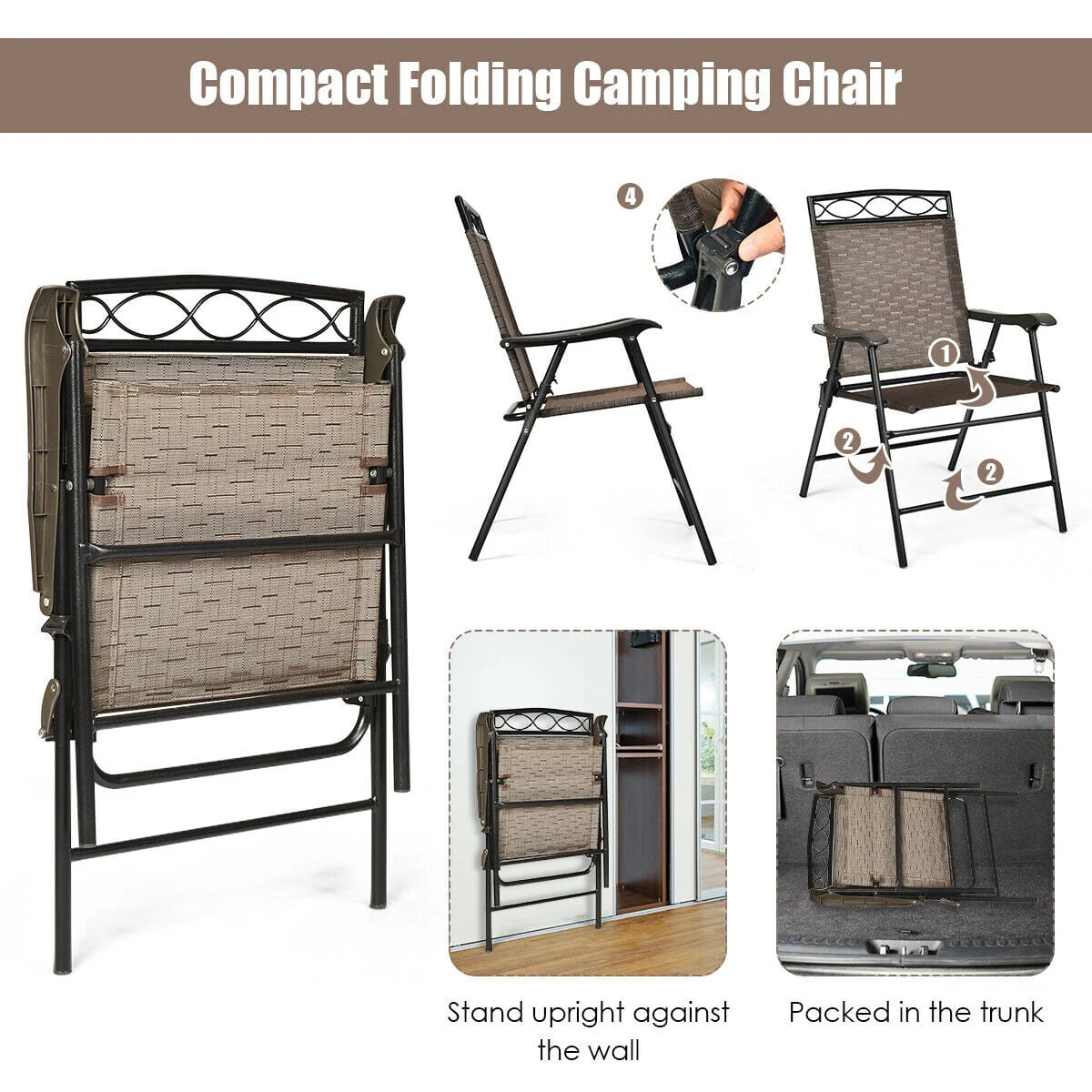Set of 4 Portable Folding Sling Chairs with Armrest C6835