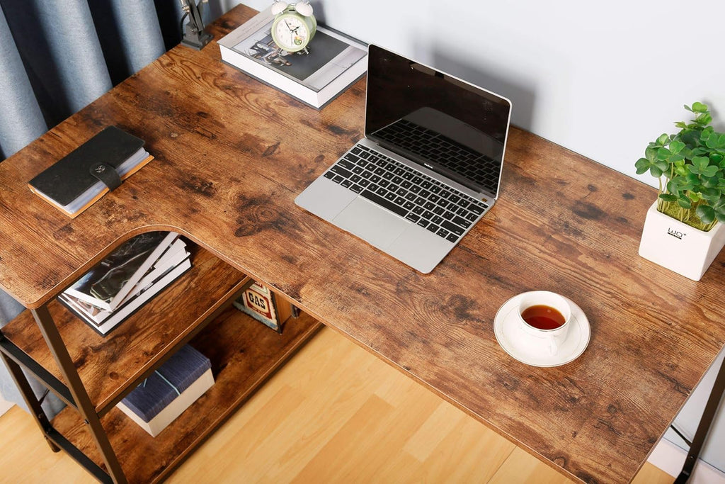 Rustic Brown L-Shaped Corner Computer Desk with Bookcase I750064
