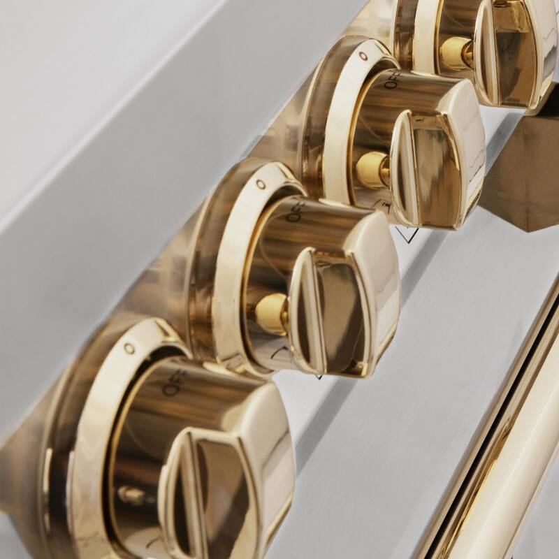 4 Burner Dual Fuel Range in Stainless Steel and Polished Gold N401