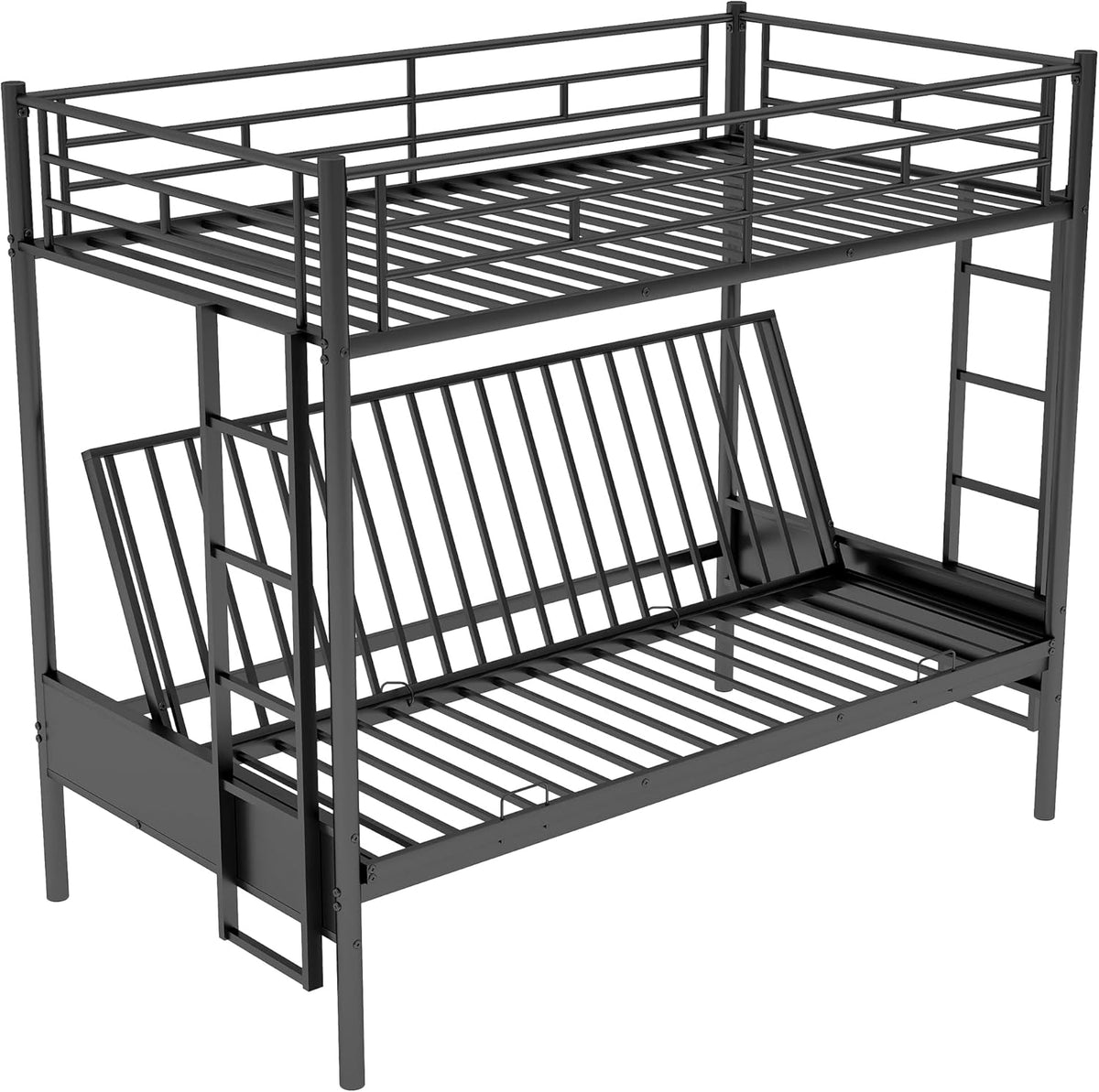 Twin Over Futon Full Bunk Bed with Metal Frame Black U7864