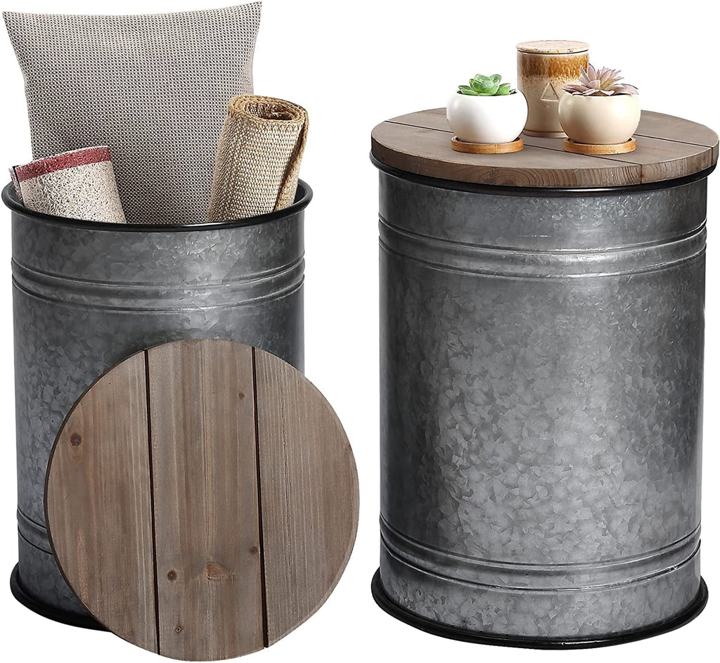 Galvanized Metal Side Table with Wood Lid M7056
