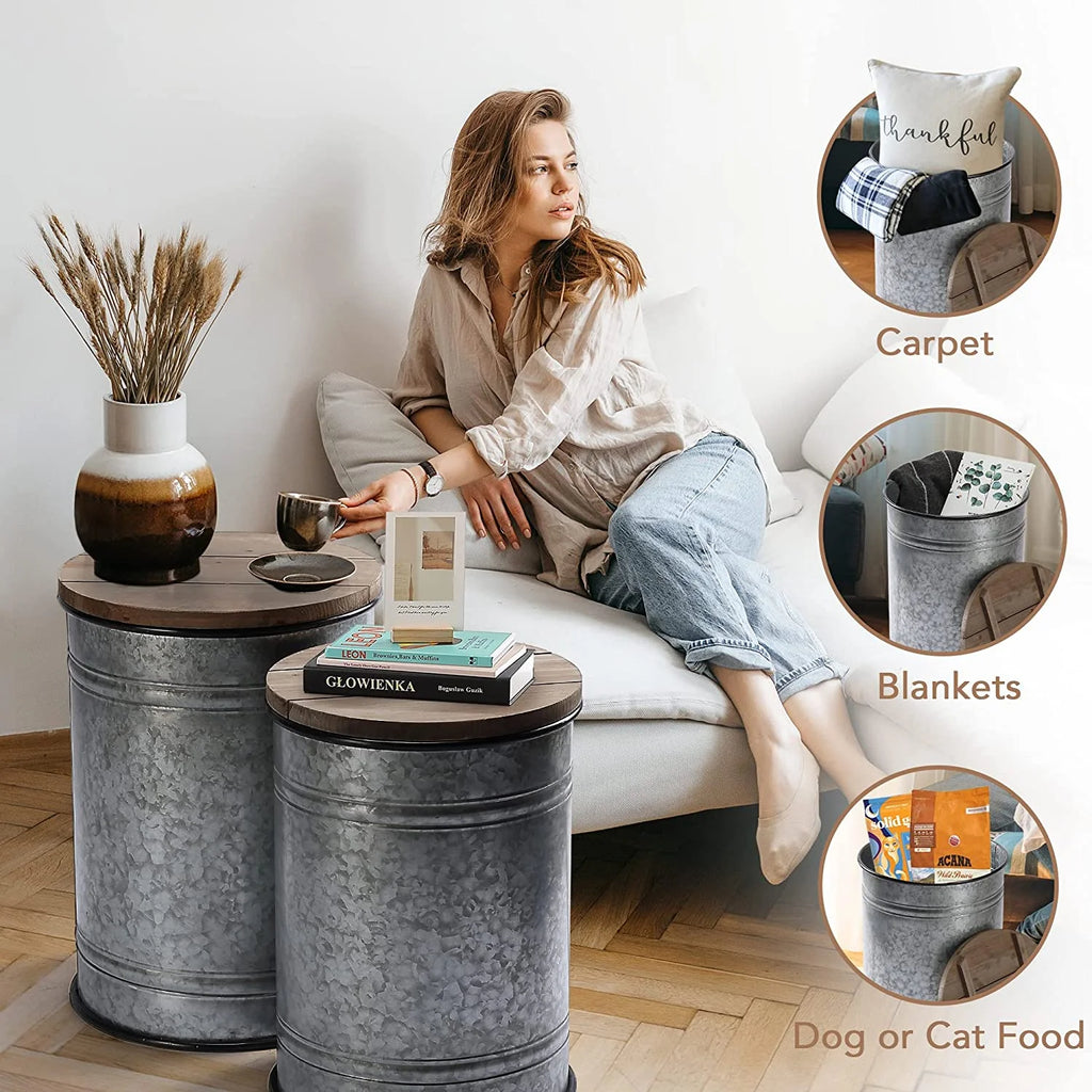 Galvanized Metal Side Table with Wood Lid M7056
