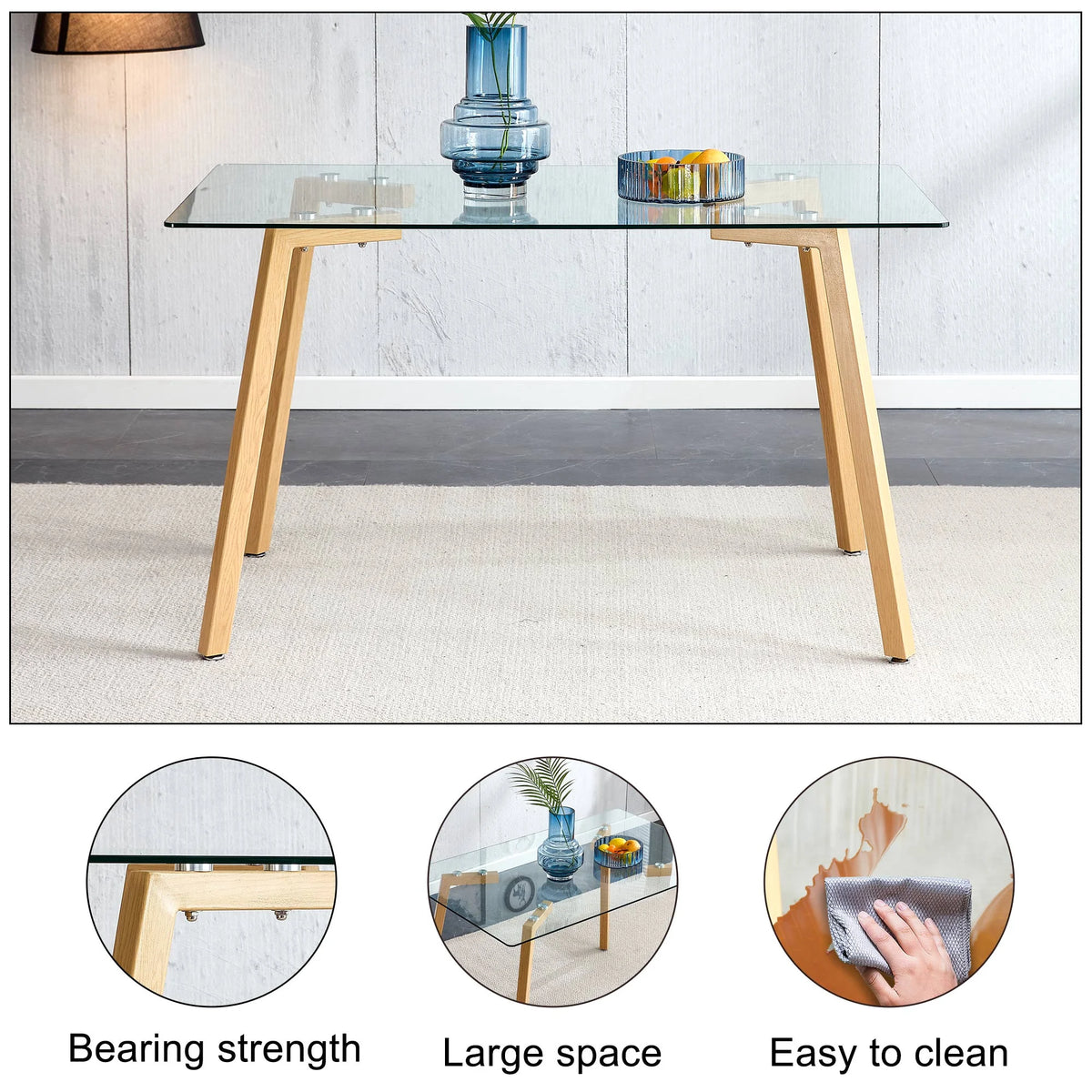 Glass Dining Table Rectangular with Tempered Glass Tabletop and Black Metal Legs O120
